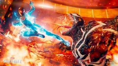 Marvels Spider-Man 2 voor pc - screenshot van Miles Morales met elektrische effecten, die Venom op de borst trapt
